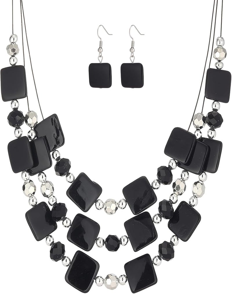 Errally Store Layered Beaded Statement Necklaces for Women Square Shell Bead Collar Necklace and Earring Set Birthday Gifts Boho Jewelry Sets for Women - Image 1